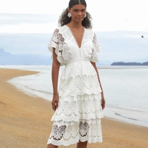 FARM Rio Dresses & Skirts - FARM Rio White Tiered Lace Midi Dress